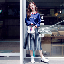 韩都衣舍2018韩版女装春装新款长裙百褶丝绒a字裙半身裙IG7636僥