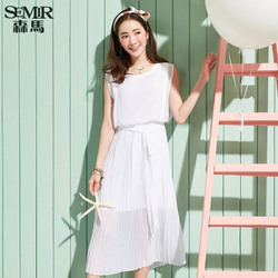 森马连衣裙女夏装韩版甜美百褶雪纺蝴蝶结飘带学生无袖显瘦百搭潮