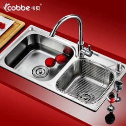 卡贝 厨房水槽双槽套餐304不锈钢洗碗池 洗菜盆加厚水盆手工水槽