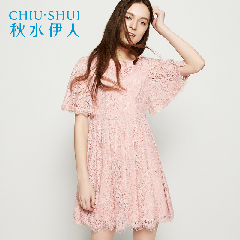 秋水伊人2017夏装新款女装钩花淑女修身蕾丝裙短款圆领连衣裙