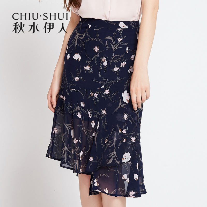 秋水伊人2018夏装新款女装印花半身裙不规则下摆鱼尾裙半身裙