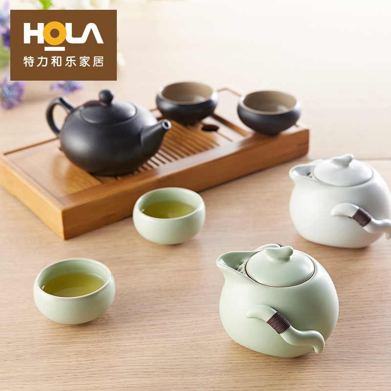HOLA特力和乐 禅器汝窑四件套茶具组陶瓷功夫一壶两杯带茶盘木架