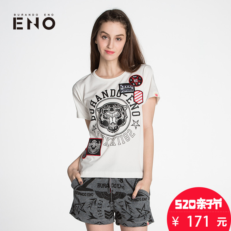 BURANDO ENO潮牌原创设计女式印花贴标短袖T恤显瘦E6SPW42101