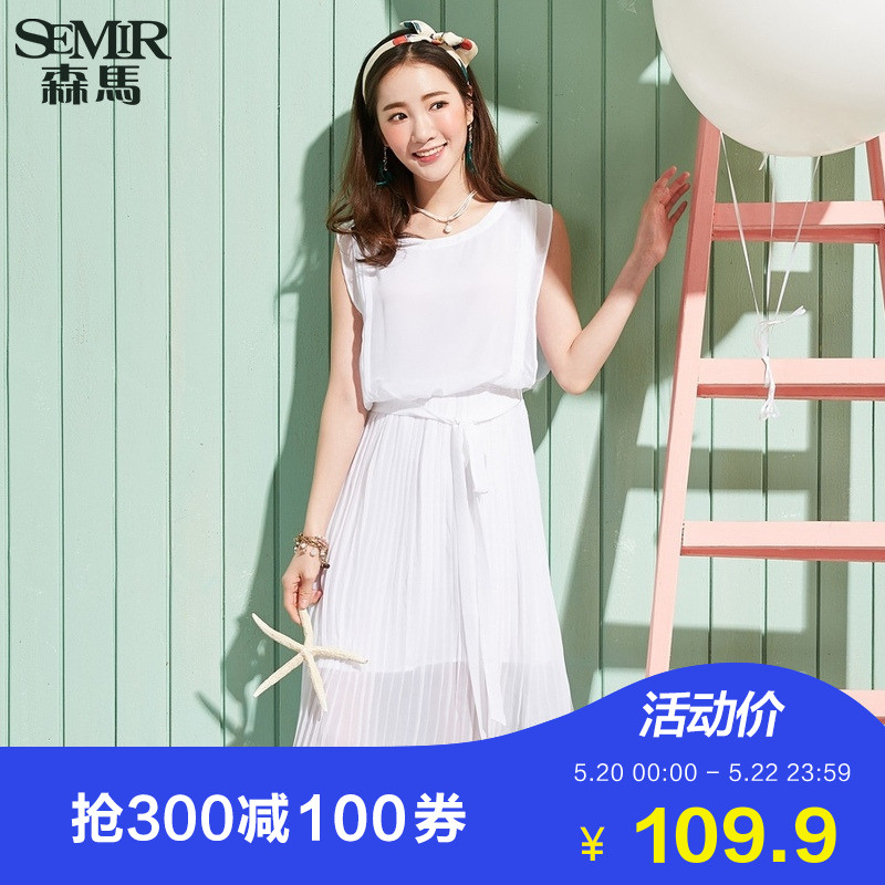 森马连衣裙女夏装韩版甜美百褶雪纺蝴蝶结飘带学生无袖显瘦百搭潮