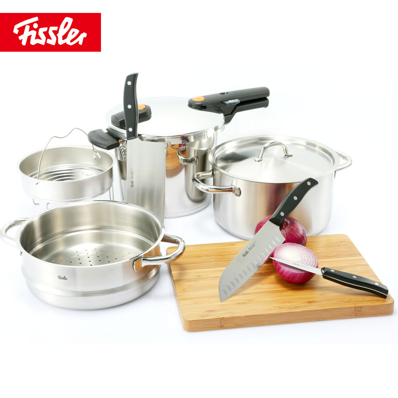 德国菲仕乐Fissler 橙色沸点6L高速快锅压力锅汤锅蒸屉刀具套装