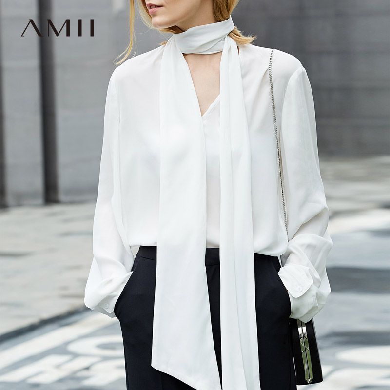 Amii极简港味心机雪纺衬衫女蝴蝶结系带2018夏新款设计感白色上衣