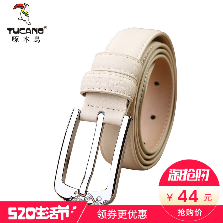 啄木鸟女士皮带二层牛皮装饰腰带女韩版时尚简洁个性针扣压花细款