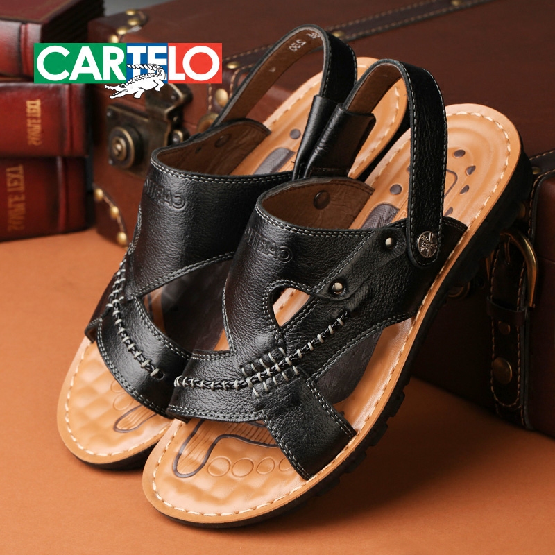 卡帝乐鳄鱼夏季男士沙滩鞋商务透气真皮厚底鞋子防滑头层牛皮凉鞋