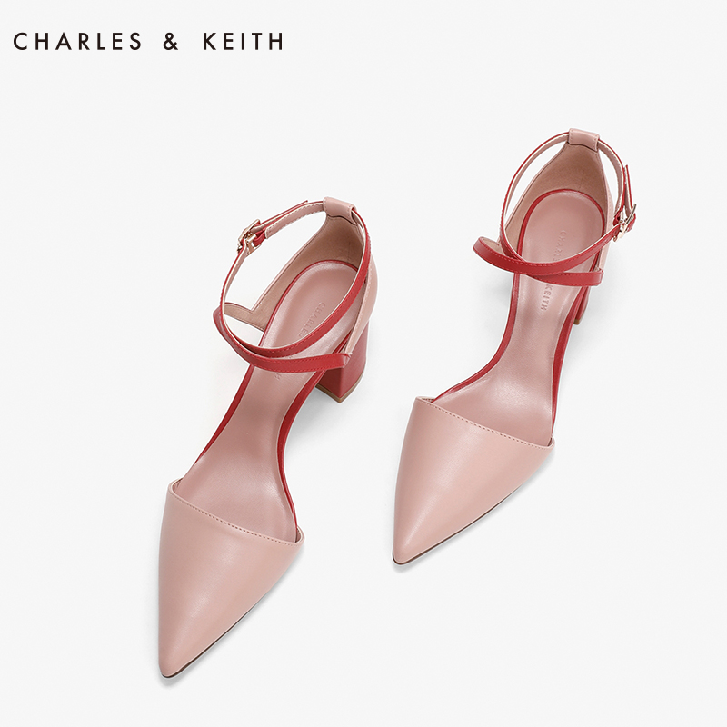 CHARLES＆KEITH春夏单鞋女CK1-60361080简约风交叉带尖头粗高跟鞋